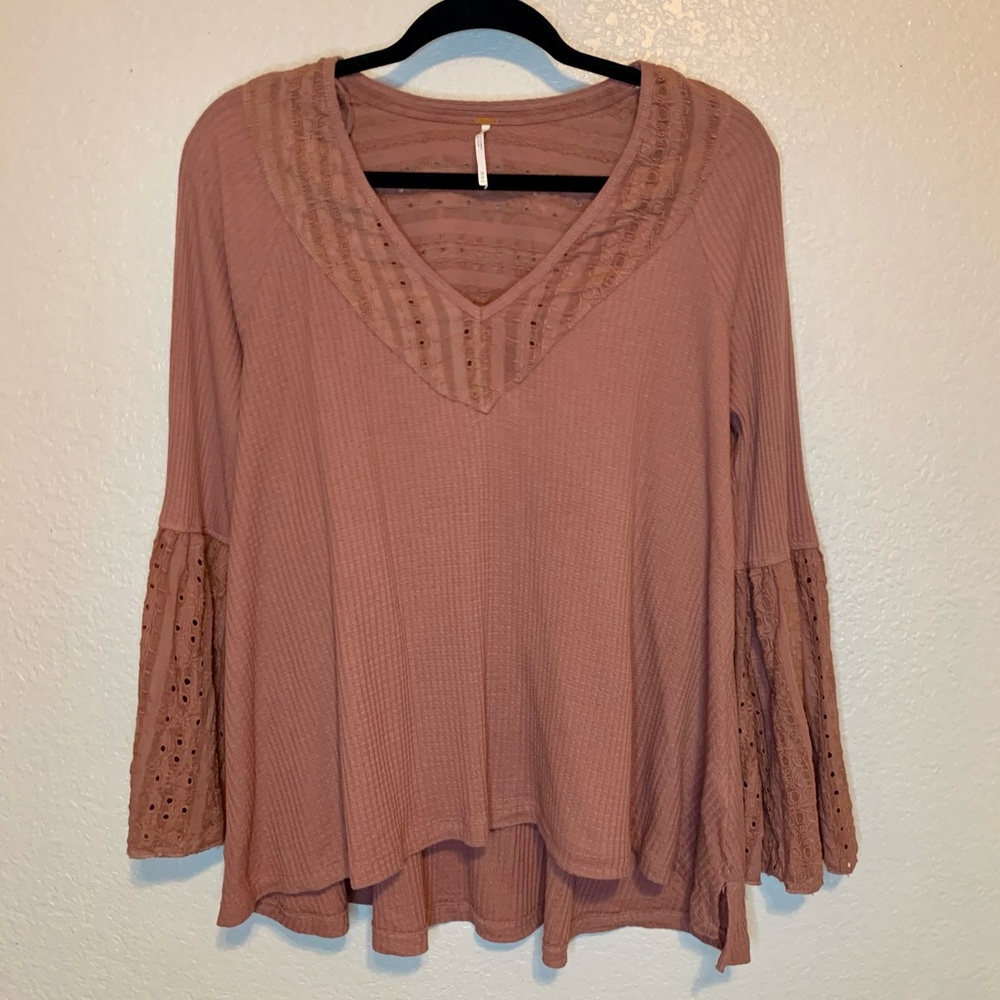 Free People Parisian Nights Long Bell Sleeve Eyelet Top Rose Brown Size Medium - Picture 13 of 15